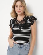 g-dz fashion T-shirt negru de bumbac din material reiat cu decolteu din dantelă și mâneci Hyacintia