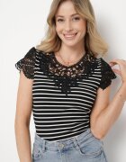 g-dz fashion T-shirt negru de bumbac din material reiat cu decolteu din dantelă și mâneci Hyacintia