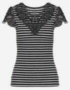 g-dz fashion T-shirt negru de bumbac din material reiat cu decolteu din dantelă și mâneci Hyacintia