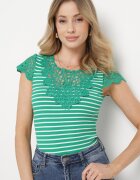 g-dz fashion T-shirt Verde de Bumbac din Tricot Reiat Decorat cu Dantelă Liasilo
