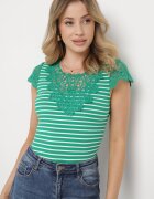 g-dz fashion T-shirt Verde de Bumbac din Tricot Reiat Decorat cu Dantelă Liasilo