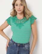 g-dz fashion T-shirt Verde din Bumbac din Material Reiat cu Decolteu și Mâneci din Dantelă Hyacintia