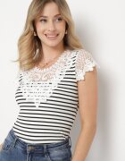 g-dz fashion Tricou Alb din Bumbac cu Mânecă Scurtă cu Dantelă Decorativă la Decolteu Carines