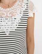 g-dz fashion Tricou Alb din Bumbac cu Mânecă Scurtă cu Dantelă Decorativă la Decolteu Carines