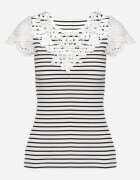 g-dz fashion Tricou Alb din Bumbac din material reiat cu decolteu din dantelă și mâneci Hyacintia