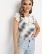 g-dz fashion Tricou Alb-Negru de bumbac în dungi cu inserții de dantelă Idamarie