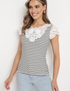 g-dz fashion Tricou Alb-Negru de bumbac în dungi cu inserții de dantelă Idamarie