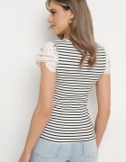 g-dz fashion Tricou Alb-Negru de bumbac în dungi cu inserții de dantelă Idamarie