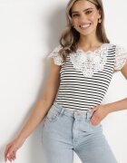 g-dz fashion Tricou Alb-Negru de bumbac în dungi cu inserții de dantelă Idamarie
