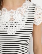g-dz fashion Tricou Alb-Negru de bumbac în dungi cu inserții de dantelă Idamarie
