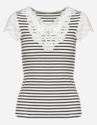 g-dz fashion Tricou Alb-Negru de bumbac în dungi cu inserții de dantelă Idamarie