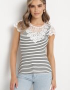 g-dz fashion Tricou Alb-Negru din bumbac din tricot reiat decorat cu dantelă Liasilo