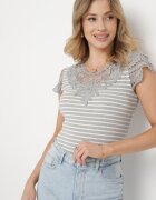 g-dz fashion Tricou Gri din Bumbac din Material Reiat cu Decolteu din Dantelă și Mâneci Hyacintia