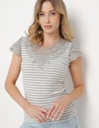 g-dz fashion Tricou Gri din Bumbac din Material Reiat cu Decolteu din Dantelă și Mâneci Hyacintia