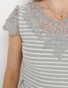g-dz fashion Tricou Gri din Bumbac din Material Reiat cu Decolteu din Dantelă și Mâneci Hyacintia