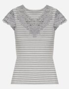 g-dz fashion Tricou Gri din Bumbac din Material Reiat cu Decolteu din Dantelă și Mâneci Hyacintia