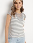 g-dz fashion Tricou Gri din Bumbac Tricotat Reiat decorat cu Dantelă Liasilo