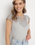 g-dz fashion Tricou Gri din Bumbac Tricotat Reiat decorat cu Dantelă Liasilo