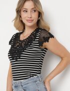 g-dz fashion Tricou negru de bumbac cu mânecă scurtă cu dantelă decorativă la decolteu Carines