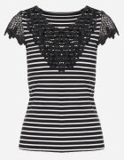 g-dz fashion Tricou negru de bumbac cu mânecă scurtă cu dantelă decorativă la decolteu Carines
