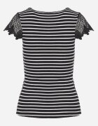 g-dz fashion Tricou negru de bumbac cu mânecă scurtă cu dantelă decorativă la decolteu Carines
