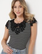 g-dz fashion Tricou Negru din bumbac cu dungi cu inserții din dantelă Idamarie