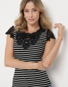 g-dz fashion Tricou Negru din bumbac cu dungi cu inserții din dantelă Idamarie
