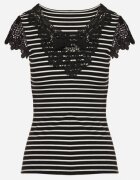 g-dz fashion Tricou Negru din bumbac cu dungi cu inserții din dantelă Idamarie