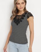 g-dz fashion Tricou Negru din bumbac din tricot reiat decorat cu dantelă Liasilo
