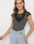 g-dz fashion Tricou Negru din bumbac din tricot reiat decorat cu dantelă Liasilo