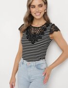 g-dz fashion Tricou Negru din bumbac din tricot reiat decorat cu dantelă Liasilo