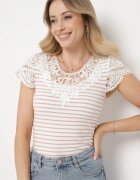 g-dz fashion Tricou Roz-alb de bumbac din material reiat cu decolteu și mâneci cu dantelă Hyacintia