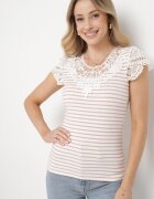g-dz fashion Tricou Roz-alb de bumbac din material reiat cu decolteu și mâneci cu dantelă Hyacintia