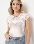 g-dz fashion Tricou Roz-alb de bumbac din material reiat cu decolteu și mâneci cu dantelă Hyacintia