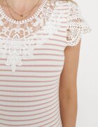 g-dz fashion Tricou Roz-alb de bumbac din material reiat cu decolteu și mâneci cu dantelă Hyacintia