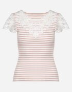 g-dz fashion Tricou Roz-alb de bumbac din material reiat cu decolteu și mâneci cu dantelă Hyacintia