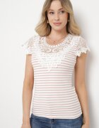 g-dz fashion Tricou Roz de Bumbac cu mânecă scurtă cu Dantelă Decorativă la Decolteu Carines