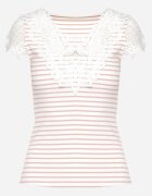 g-dz fashion Tricou Roz de Bumbac cu mânecă scurtă cu Dantelă Decorativă la Decolteu Carines