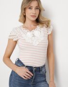 g-dz fashion Tricou roz de bumbac în dungi cu inserții de dantelă Idamarie