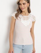 g-dz fashion Tricou Roz și Alb din tricot reiat de bumbac decorat cu dantelă Liasilo
