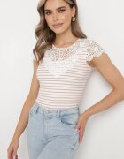 g-dz fashion Tricou Roz și Alb din tricot reiat de bumbac decorat cu dantelă Liasilo