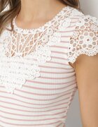 g-dz fashion Tricou Roz și Alb din tricot reiat de bumbac decorat cu dantelă Liasilo