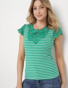 g-dz fashion Tricou Verde de Bumbac cu Dungi cu Inserții din Dantelă Idamarie