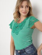 g-dz fashion Tricou Verde de Bumbac cu Dungi cu Inserții din Dantelă Idamarie