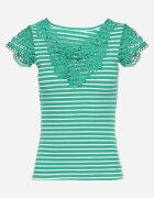 g-dz fashion Tricou Verde de Bumbac cu Dungi cu Inserții din Dantelă Idamarie