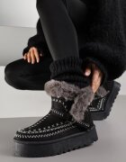 gavi Ghete de zăpadă Negre cu Talpă Groasă Decorate cu Motiv Brodat și Blană Caretusa