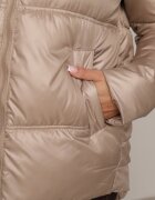  Geacă Bej Matlasată cu Glugă cu Blană Detașabilă și Spate Mai Lung Clorina