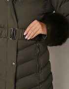  Geacă de iarnă matlasată verde închis cu centură și aplicații din blană detașabile Hedirra