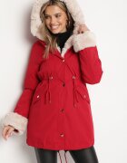  Geacă Parka Bordo cu Glugă și Blană Detașabilă Ninria