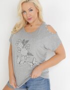 generation Bluză Gri Oversize cu Mâneci Open Shoulder Decorată cu Zirconii și Perle Kesola